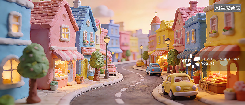 【AI数字艺术】创意手工黏土微缩彩色城镇街道背景图片素材