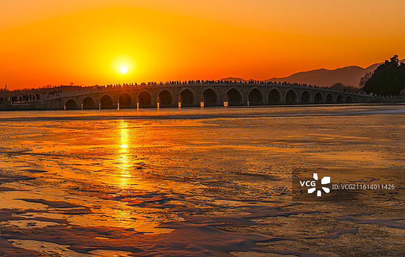 北京颐和园十七孔桥落日余晖图片素材