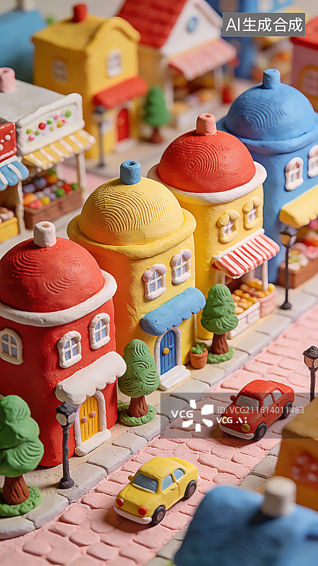 【AI数字艺术】创意手工黏土微缩彩色城镇街道背景图片素材