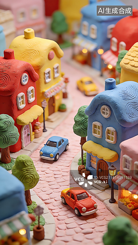 【AI数字艺术】创意手工黏土微缩彩色城镇街道背景图片素材