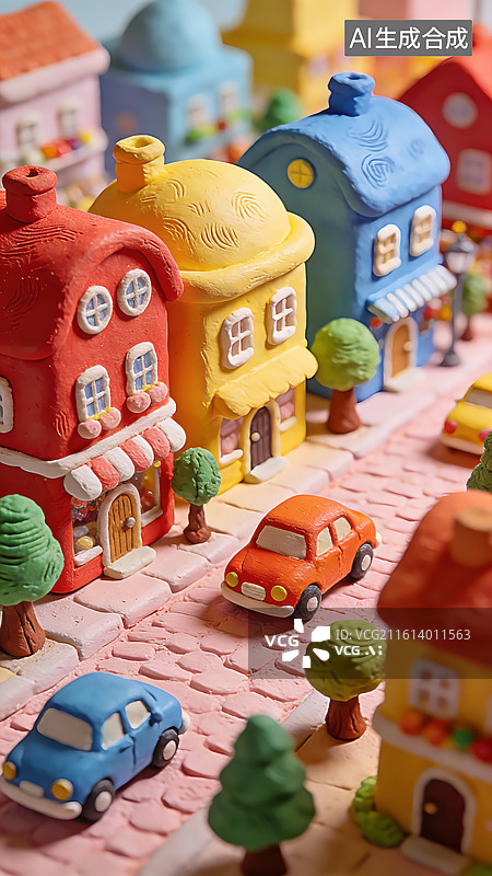 【AI数字艺术】创意手工黏土微缩彩色城镇街道背景图片素材