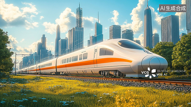【AI数字艺术】城市背景下的高铁列车与田野图片素材