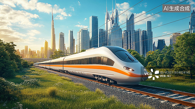 【AI数字艺术】城市背景下的高铁列车与田野图片素材