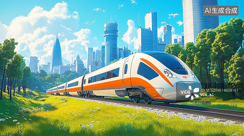 【AI数字艺术】城市背景下的高铁列车与田野图片素材