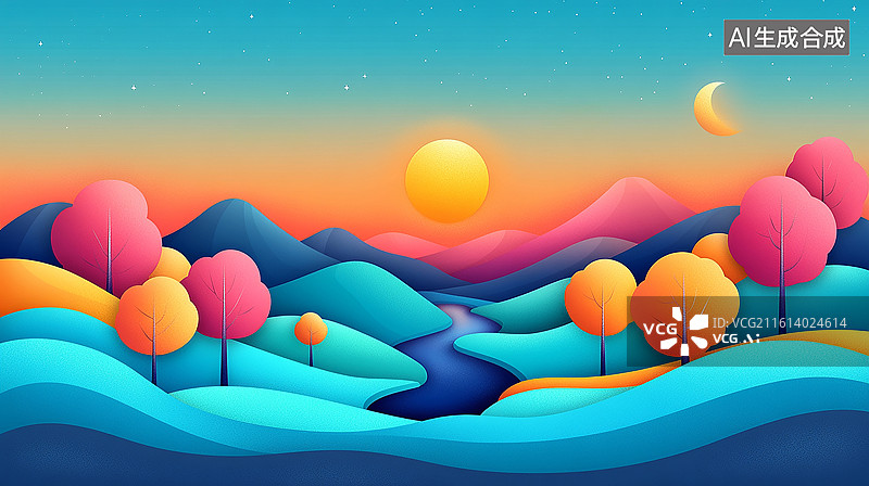 【AI数字艺术】彩色树木与河流风光图片素材