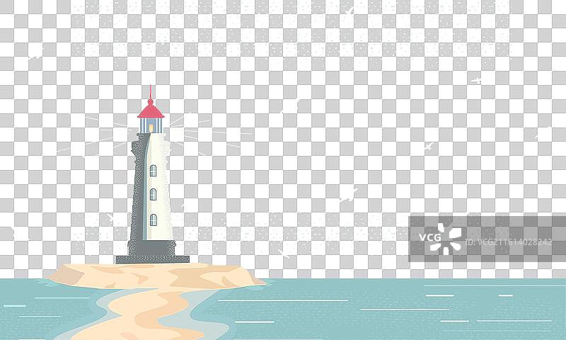 一座小岛上矗立着一座蓝白相间的灯塔图片素材