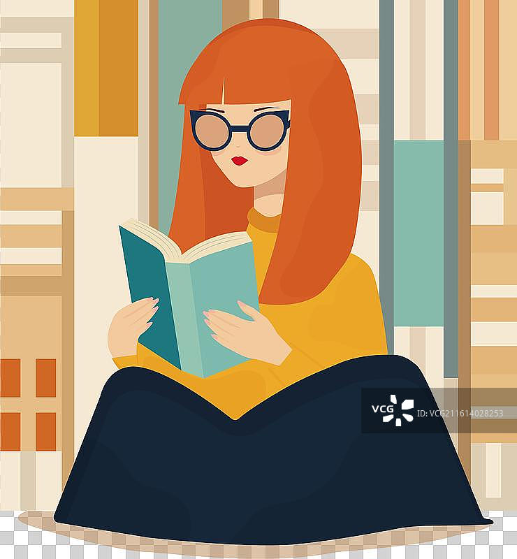 极简风格的扁平化卡通女孩看书图片素材