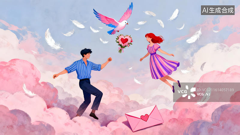 【AI数字艺术】情侣在云中飞翔送花图片素材