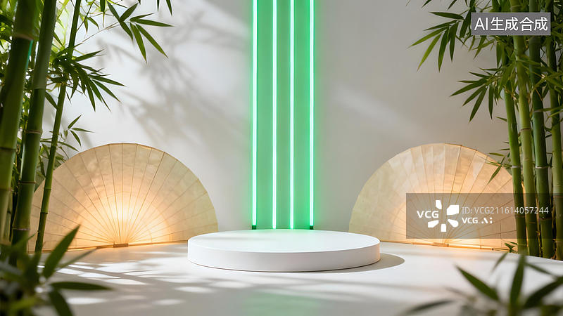 【AI数字艺术】竹林光影中的圆形展台图片素材