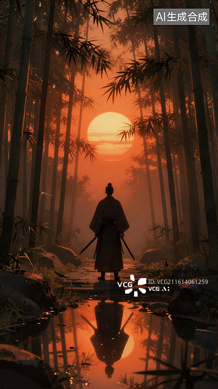 【AI数字艺术】竹林暮色中行者剪影图片素材