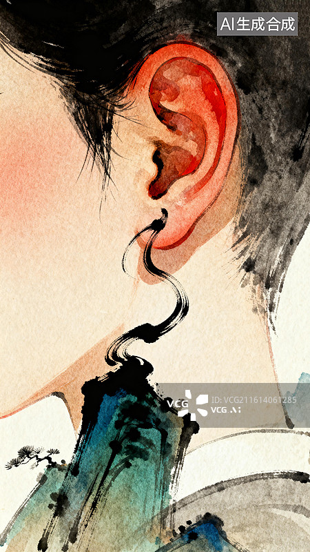 【AI数字艺术】让耳朵接住水墨山水里的轻软声 3月爱耳日主题古风创意插画图片素材