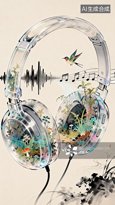 【AI数字艺术】耳机里装片小森林，给耳朵听点大自然的声音 3月爱耳日主题古风创意插画图片素材