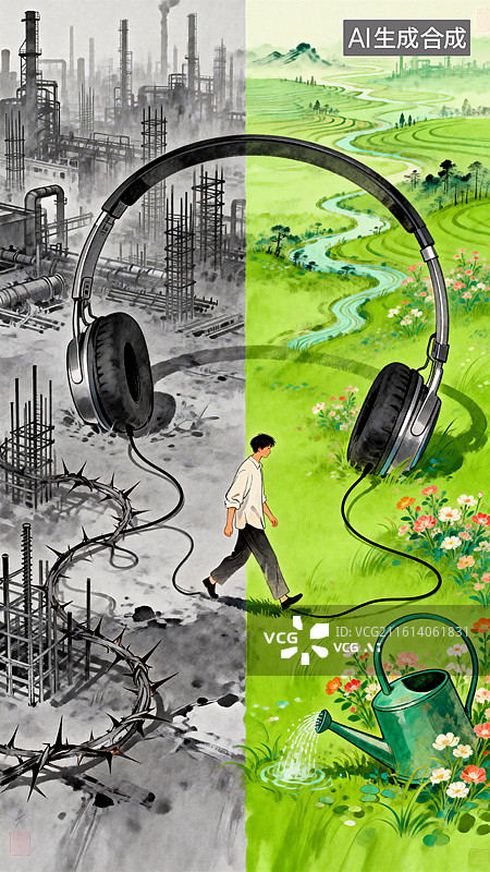 【AI数字艺术】爱耳日：把耳机 “浇” 成轻柔声，护好耳朵享清新 耳机变浇水壶图片素材