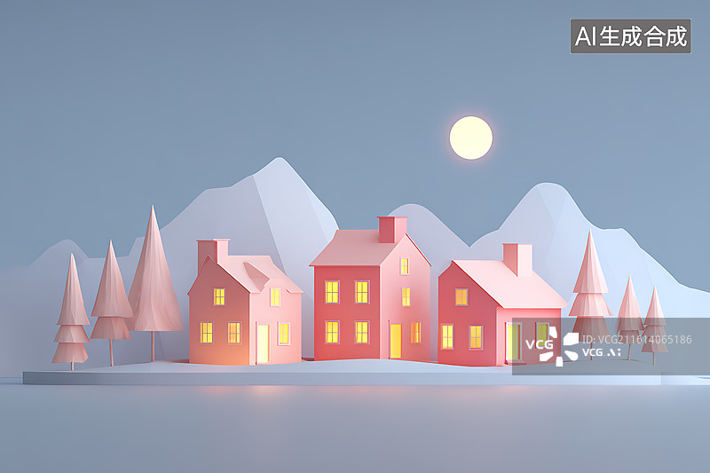 【AI数字艺术】极简风冬天雪地里雪地里的小镇房子剪纸插画图片素材