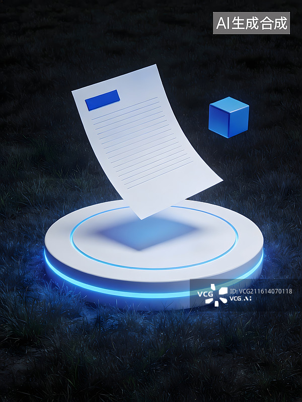 【AI数字艺术】发光圆台上的文件与立方体图片素材