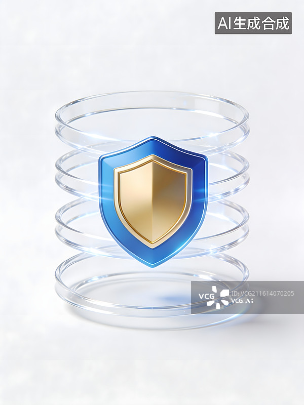 【AI数字艺术】蓝色盾牌与透明环状结构图片素材
