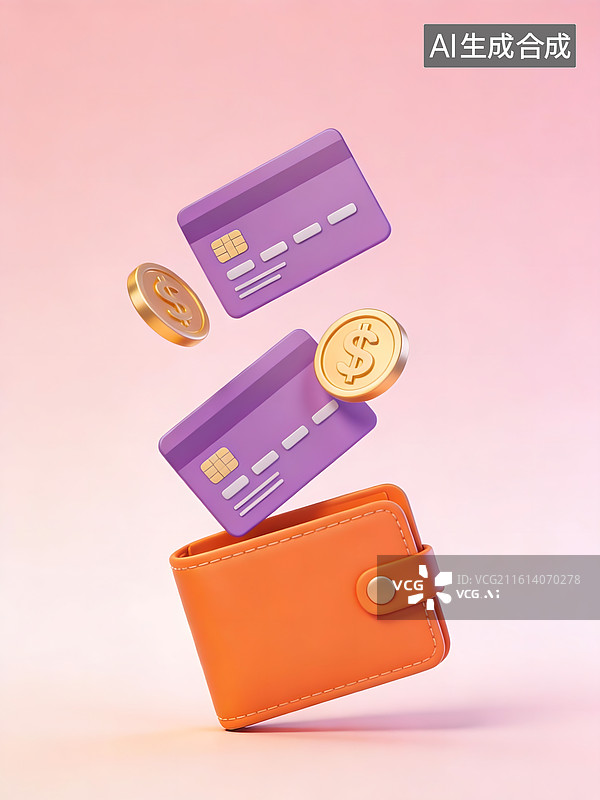【AI数字艺术】钱包飞出信用卡与金币图片素材