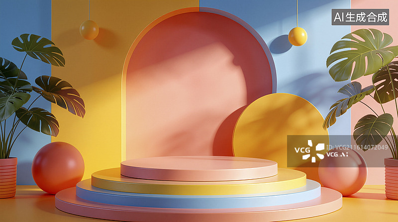 【AI数字艺术】彩色几何展台场景图片素材