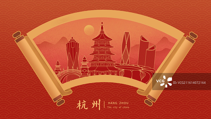 杭州中国风画卷古典卷轴书卷手绘城市建筑图片素材