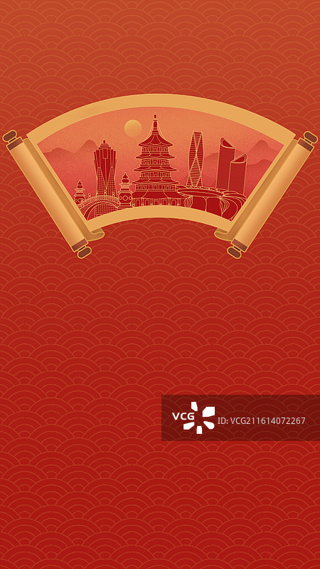 杭州中国风画卷古典卷轴书卷手绘城市建筑图片素材