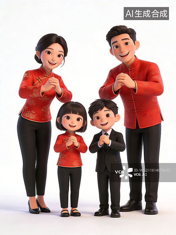 【AI数字艺术】一家四口卡通人物，包括穿着红色唐装的男女，穿西装的男孩和穿红色上衣的女孩，双手作揖拜年，面带微笑图片素材