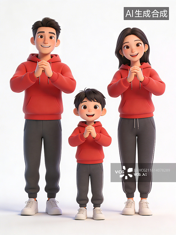 【AI数字艺术】三名卡通人物的家庭，两男一女，穿着红色连帽衫和灰色裤子，作揖拜年，面带微笑，是一家人图片素材