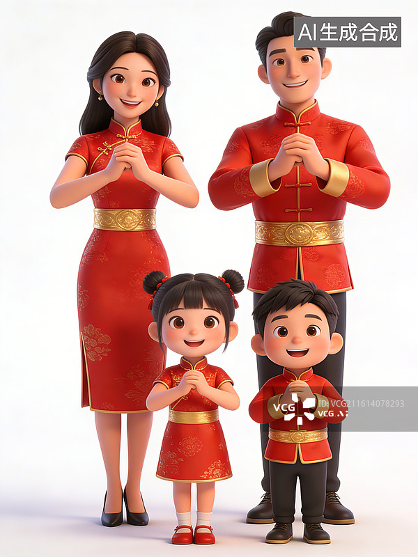 【AI数字艺术】一家四口穿着红色传统服饰，作揖拜年，面带微笑，展现和谐幸福家庭氛围图片素材