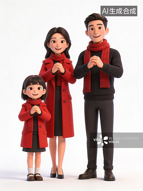 【AI数字艺术】一家三口，父母和小女孩，穿着红色外套和围巾，作揖拜年，面带微笑，显得温馨和谐图片素材