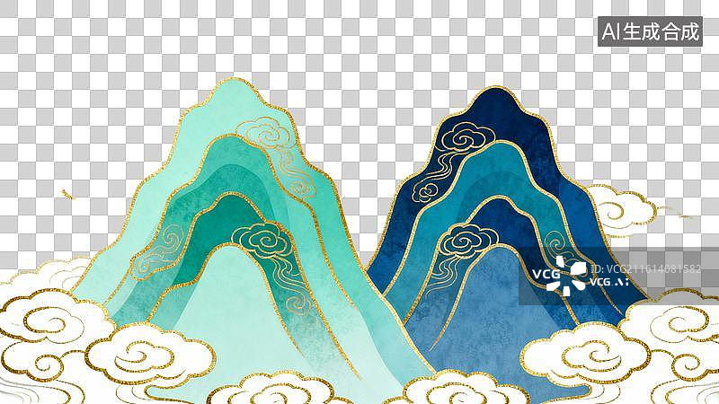 【AI数字艺术】国潮山水青金装饰展示场景图片素材