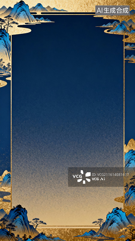 【AI数字艺术】山水边框蓝金风装饰背景场景图片素材
