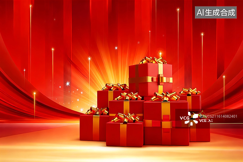【AI数字艺术】喜庆中国风新年春节红色背景与礼品盒3D渲染图片素材