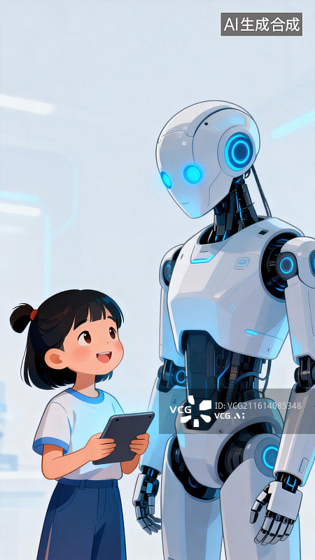 【AI数字艺术】小女孩与机器人互动图片素材
