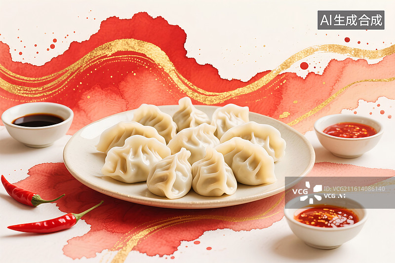 【AI数字艺术】红色水墨大写意背景前的饺子和调料图片素材