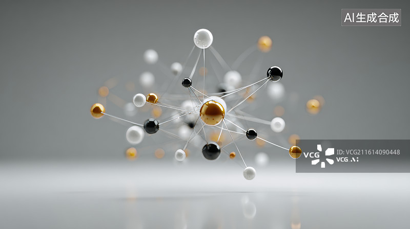 【AI数字艺术】白色背景下连接着黑色球体的抽象分子结构微距特写图片素材