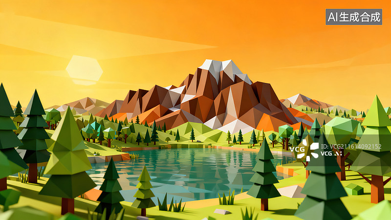 【AI数字艺术】低多边形风格暖色调山水湖泊景观图图片素材