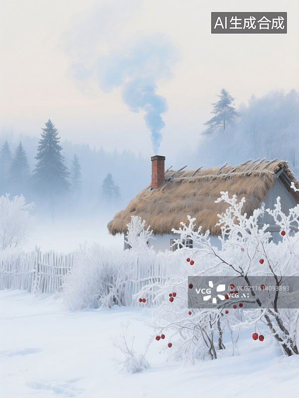 【AI数字艺术】冬日清晨，覆满雾凇的山楂树篱晶莹剔透，茅草屋顶的农舍烟囱升起袅袅炊烟图片素材
