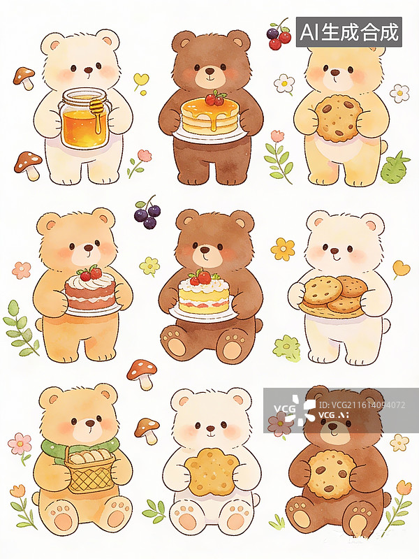 【AI数字艺术】多只小熊，手绘线条画风，美食小图装饰画面，卡通设计，平面插图，描边线条，森系水彩图片素材
