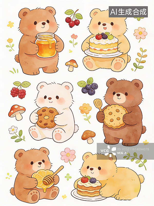 【AI数字艺术】多只小熊，手绘线条画风，美食小图装饰画面，卡通设计，平面插图，描边线条，森系水彩图片素材