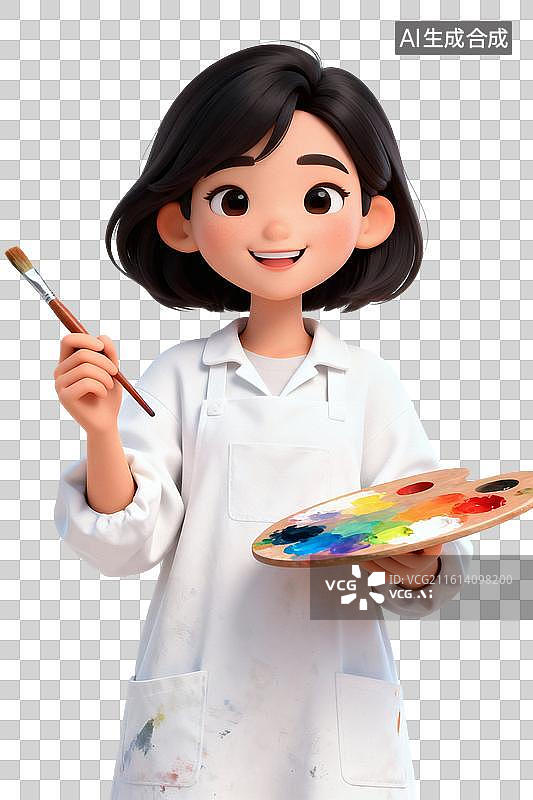 【AI数字艺术】卡通风格，手拿画笔与颜料盘的美女画家PNG格式的免扣元素图片素材