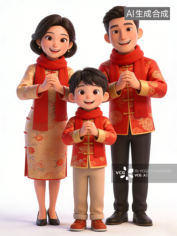 【AI数字艺术】一家三口，父母面带微笑，孩子开心，穿着红色传统服饰，作揖拜年，庆祝节日，背景白色图片素材