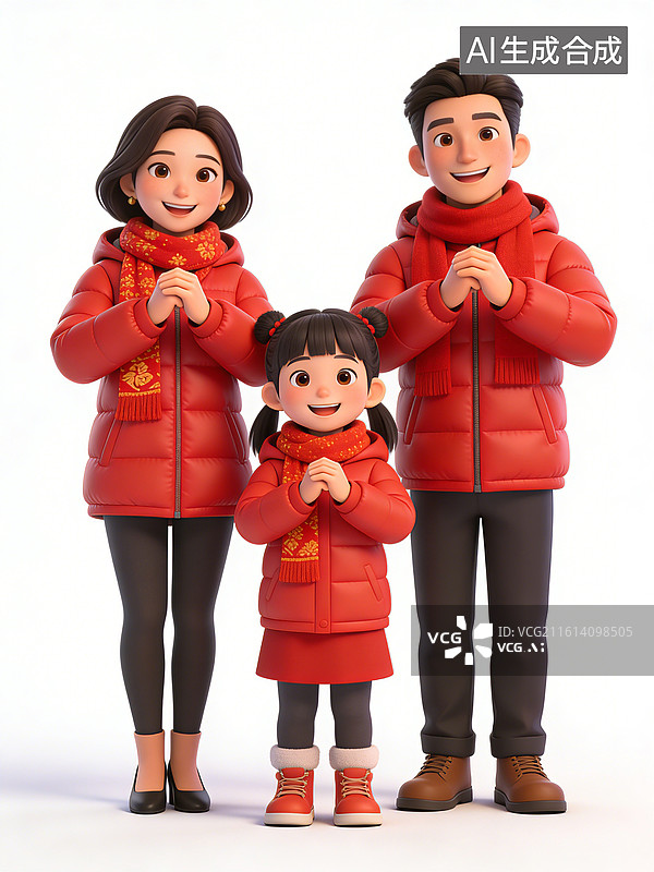 【AI数字艺术】一家三口，父母和小女孩，穿着红色冬装，作揖拜年，面带微笑，温馨图片素材