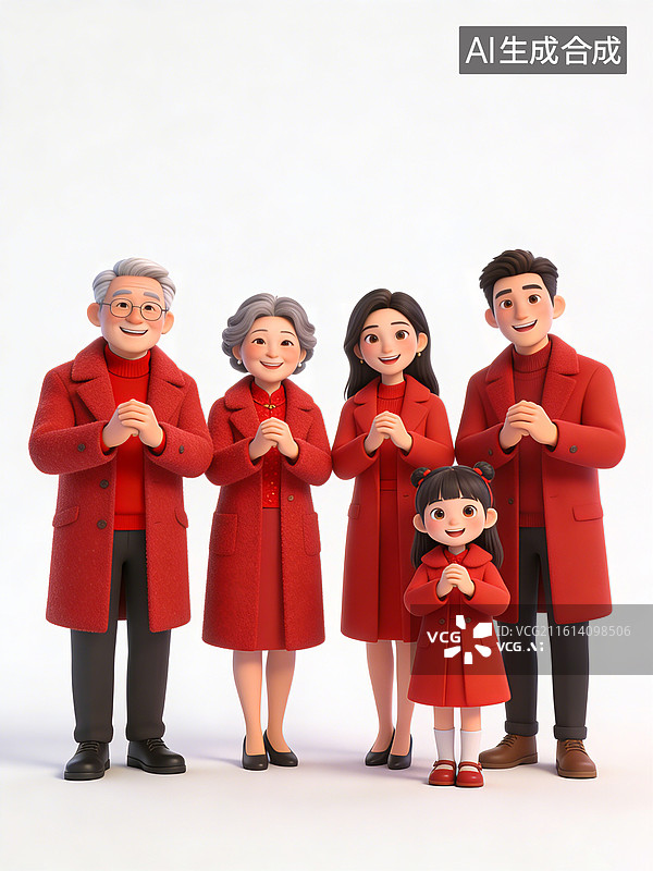 【AI数字艺术】一家五口，祖孙三代，穿着红色外套，作揖拜年，面带微笑，整齐站立，背景纯白图片素材