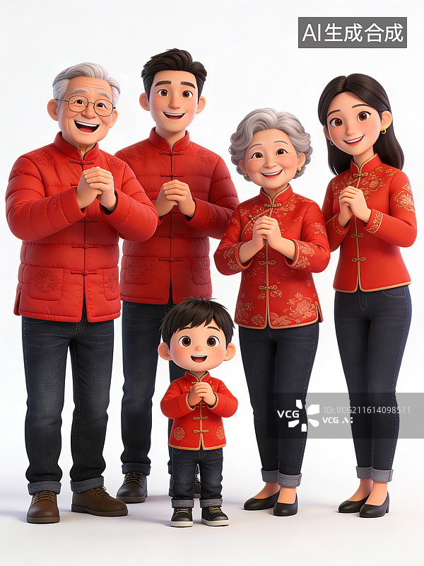 【AI数字艺术】一家五口，祖孙三代，穿着红色唐装，面带微笑，作揖拜年，庆祝节日，老人戴眼镜，小孩穿运动鞋图片素材
