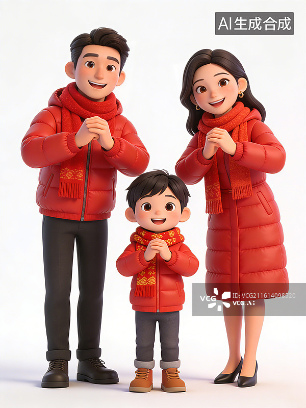 【AI数字艺术】一家三口，父母和小孩，面带微笑，穿着红色冬装，作揖拜年，母亲穿高跟鞋，父亲穿皮鞋，小孩穿靴子图片素材
