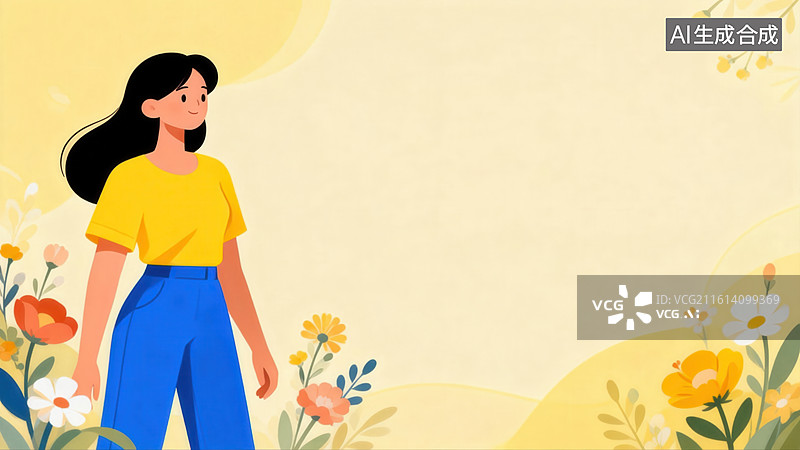 【AI数字艺术】穿黄衣蓝裤的女子在花丛中图片素材