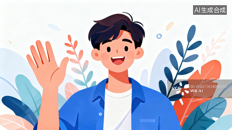 【AI数字艺术】挥手微笑的年轻男子图片素材
