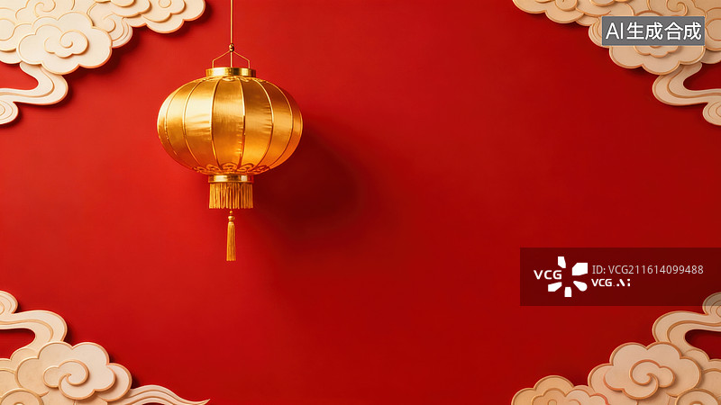 【AI数字艺术】金色灯笼悬挂红色背景图片素材
