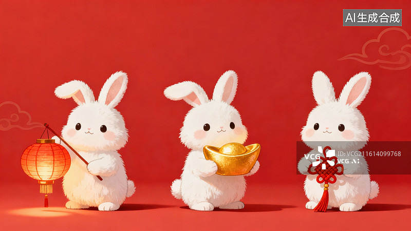 【AI数字艺术】三只兔子持灯笼金元宝图片素材
