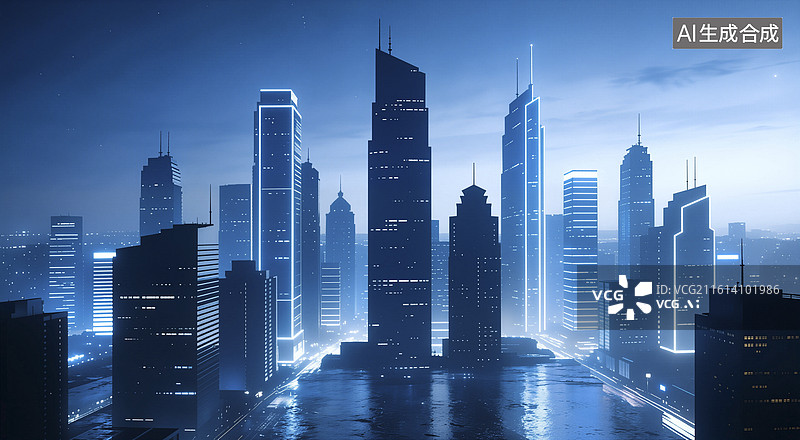 【AI数字艺术】夜色城市天际线图片素材