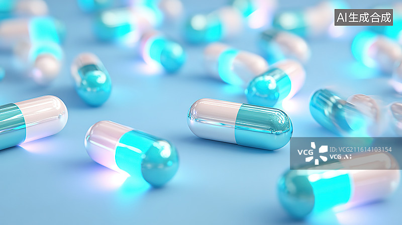 【AI数字艺术】蓝色胶囊药丸散落桌面图片素材